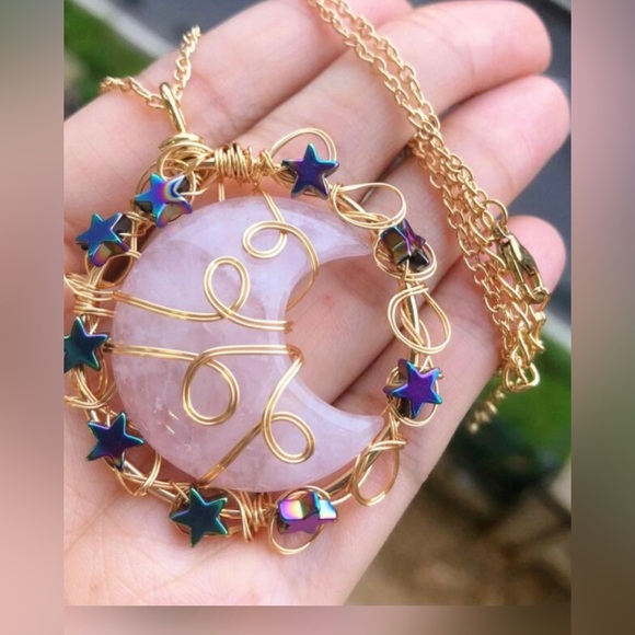 Rose Quartz Moon and stars ✨ Necklace - Picture 1 of 4